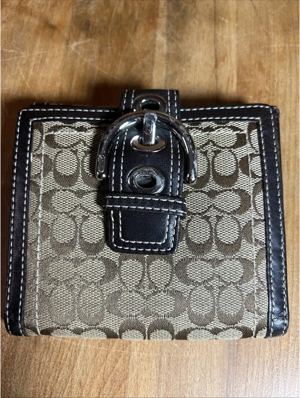 Coach Leather Signature Buckle Bifold Wallet Brown